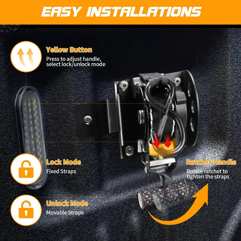 Custom Fit Retractable Ratchet Straps For Ford Maverick 2022 2023 2024 2025 showing installation process with ratchet handle and lock mode features