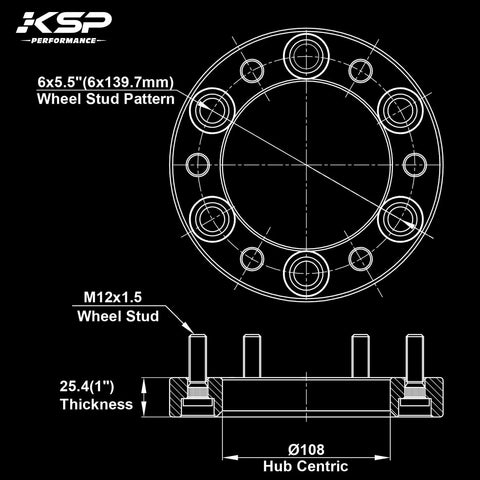 Diagram of Forged 6x5.5 Inch Wheel Spacers 1 Inch Thick Adapters Not Hubcentric 108mm Hub Bore M12x1.5 6x139.7 Bolt Pattern