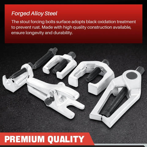 5 In 1 Front End Service Tool Kit With Ball Joint Separator Pitman Arm Puller Tie Rod End Remover And More Heavy Duty Auto Repair Set With Storage Case For Easy Front Suspension Work, display of forged alloy steel tools on black background.