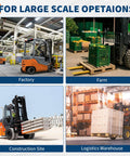 Collage of forklifts with Boosts Your Forklift Reach With 72 Inch Extensions, 5500 Lbs Capacity in factory, farm, construction site, and warehouse.