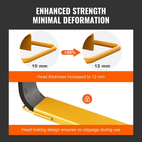 Diagram showing enhanced forklift extensions with 12mm thickness and head locking design for safety and minimal deformation.