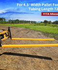 Heavy Duty Forklift Extensions 72 Inch Long And 4.5 Inch Wide Pack Of Two Pallet Fork Extenders attached to forklift on dirt road