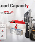 6600 Lbs Capacity Forklift Lift Hook For Pallet Forks Universal Fit Built Tough With Swivel Hook Red Powder Coated Finish ALMULOO Steel Lifting Hoist With 2 T Screws installed on a forklift