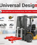 6600 Lbs Capacity Forklift Lift Hook For Pallet Forks Universal Fit Built Tough With Swivel Hook Red Powder Coated Finish ALMULOO Steel Lifting Hoist With 2 T Screws attached to a forklift, highlighting universal fit design.