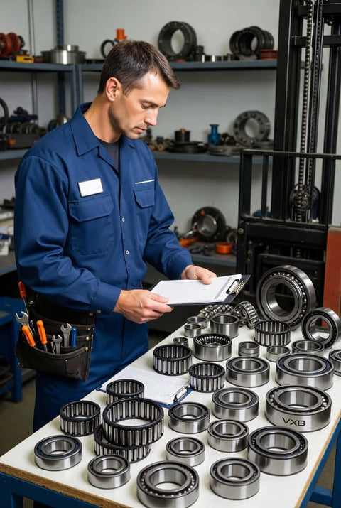 Technician inspecting forklift mast bearings, including forklift mast bearing 9444701500 perfect fit replacement, in an industrial workspace.