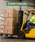 Forklift lifting cardboard boxes in a warehouse, showcasing Industrial Grade Plastic Pallets HDPE Lightweight Waterproof Stackable For Indoor And Outdoor Use In Warehouses And Supermarkets 40 Inch By 20 Inch By 5.5 Inch With 6600 Lb Static Load Capacity And Zero Water Absorption By VigiFront.