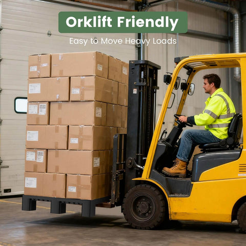 Forklift lifting cardboard boxes in a warehouse, showcasing Industrial Grade Plastic Pallets HDPE Lightweight Waterproof Stackable For Indoor And Outdoor Use In Warehouses And Supermarkets 40 Inch By 20 Inch By 5.5 Inch With 6600 Lb Static Load Capacity And Zero Water Absorption By VigiFront.