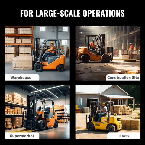 Forklifts using 72 Inch Fork Extensions For Forklifts, 5.5 Inch Wide Heavy Duty Steel Extensions in warehouse, construction site, supermarket, and farm.