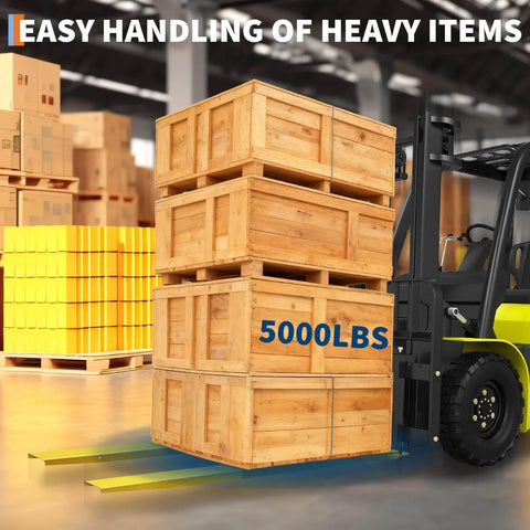 Forklift using boosts your forklift reach with 72 inch extensions, 5500 lbs capacity, 5.5 inch wide, heavy duty pallet fork extenders, lifting 5000 lbs crates in warehouse.
