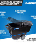 Tilt Dump Cart With Forklift-Ready Frame, Half Yard Capacity, 12-Inch Non-Marking Wheels And 5-Inch Casters, 850-Pound Load, Heavy-Duty Trash Cart For Jobsites, DUC12T-F-NM-03PK Three-Pack in black with blue trim, optional lid open.