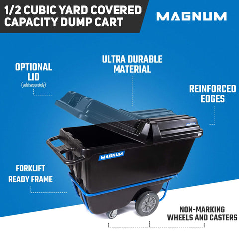 Tilt Dump Cart With Forklift-Ready Frame, Half Yard Capacity, 12-Inch Non-Marking Wheels And 5-Inch Casters, 850-Pound Load, Heavy-Duty Trash Cart For Jobsites, DUC12T-F-NM-03PK Three-Pack in black with blue trim, optional lid open.