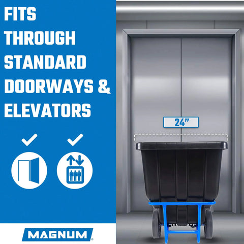 Tilt Dump Cart With Forklift-Ready Frame, Half Yard Capacity, 12-Inch Non-Marking Wheels And 5-Inch Casters, 850-Pound Load fits through elevator