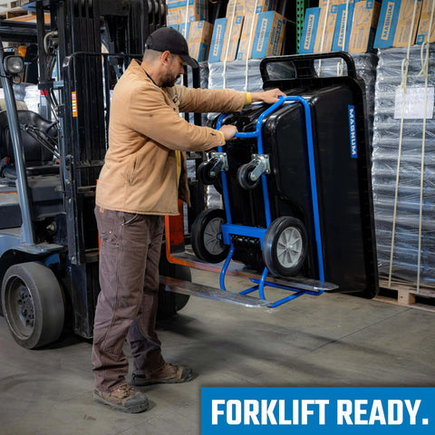 Tilt Dump Cart With Forklift-Ready Frame, Half Yard Capacity, 12-Inch Non-Marking Wheels And 5-Inch Casters, 850-Pound Load