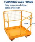 Forklift Safety Cage 36x36 Inch Platform With 1200 Lb Capacity Four Wheel Aerial Lift Basket Rails, open gate view