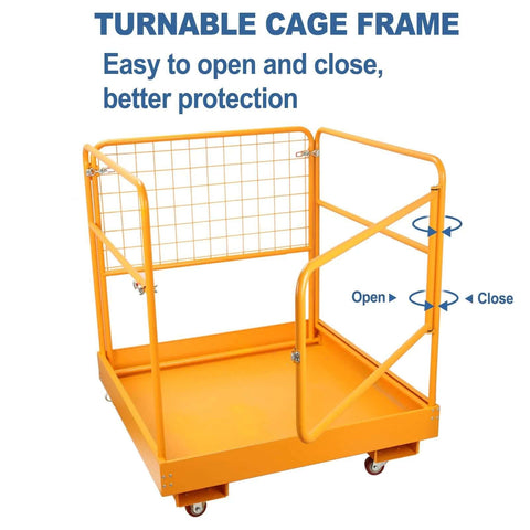 Forklift Safety Cage 36x36 Inch Platform With 1200 Lb Capacity Four Wheel Aerial Lift Basket Rails, open gate view