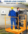 Two workers inside a Forklift Safety Cage 36x36 Inch Platform With 1200 Lb Capacity Four Wheel Aerial Lift Basket Rails, outdoor use