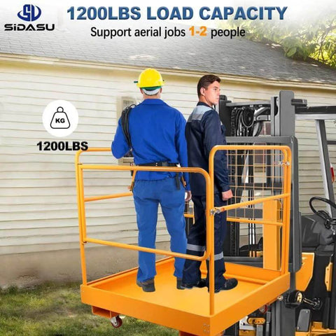 Two workers inside a Forklift Safety Cage 36x36 Inch Platform With 1200 Lb Capacity Four Wheel Aerial Lift Basket Rails, outdoor use