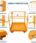 Forklift Safety Cage 36x36 Inch Platform With 1200 Lb Capacity Four Wheel Aerial Lift Basket Rails showing adjustable locks and frame