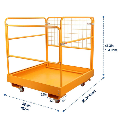 Forklift Safety Cage 36x36 Inch Platform With 1200 Lb Capacity Four Wheel Aerial Lift Basket Rails, heavy-duty steel, side view