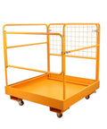 Forklift Safety Cage 36x36 Inch Platform With 1200 Lb Capacity Four Wheel Aerial Lift Basket Rails, orange steel, side view