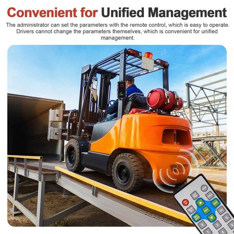 Forklift Speed Alarm System With Remote Overspeed Siren 120dB And Warning Light Waterproof IP67 DC 12 To 48V Three Level Alarm Settings Plus Vehicle Lock installed on forklift
