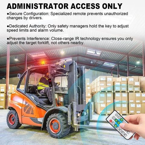 Forklift with Speed Limit Alarm and Remote Overspeed Siren 115dB visible in warehouse setting