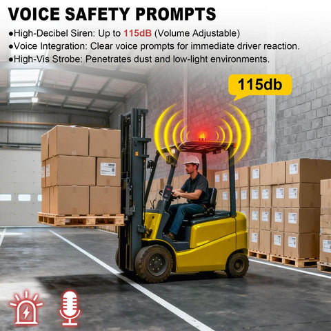 Forklift Speed Limit Alarm With Remote Overspeed Siren 115dB Three Level Adjustable Alarm System in use on yellow forklift