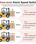 Infographic showing Forklift Speed Alarm System With Remote Overspeed Siren 120dB And Warning Light Waterproof IP67 DC 12 To 48V settings