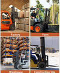 Forklifts operating in different environments - factory, farm, warehouse, construction site, showcasing versatility.