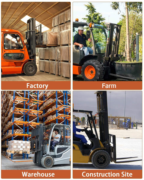 Forklifts operating in different environments - factory, farm, warehouse, construction site, showcasing versatility.