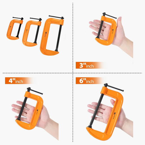 Forward C Clamp Set 3 Piece Heavy Duty Ductile Iron Clamps 3 Inch 4 Inch 6 Inch Kit shown with hands for scale