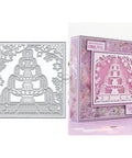 Fountain Background Metal Cutting Dies Set For Card Making And Scrapbooking Embossing Die Cuts Stencils Storage Pockets Kit For Die Cutting Machines And DIY Craft Projects With Precise Cuts By DzIxY showing elaborate fountain design and packaged example on a card