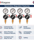Kegco YH 76S 4 Secondary Regulator For Multi Keg Dispensing From A Single CO2 Tank shown with gauges and features listed