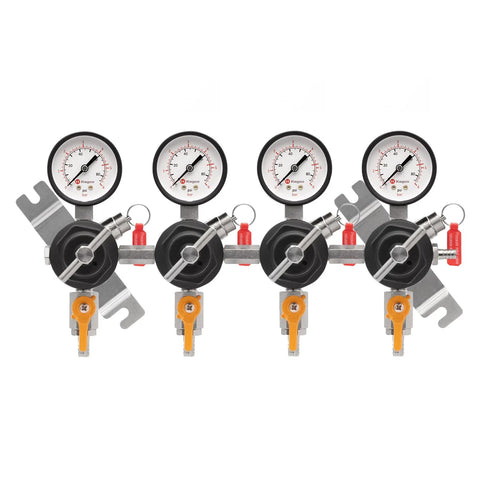 YH 76S 4 Secondary Regulator for Multi Keg Dispensing from a Single CO2 Tank with four pressure gauges and adjustment knobs.