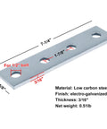 Nine piece four hole flat plate connector set for 1-5/8 inch strut channel showing measurements and material details.