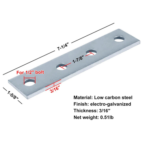 Nine piece four hole flat plate connector set for 1-5/8 inch strut channel showing measurements and material details.