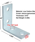 Six Piece L Shaped Connector Brackets For One And Five Eighth Inch Strut Channel Four Hole 90 Degree Angle Fittings Three Sixteenth Inch Thick Silver Fits Half Inch Bolt, front view showing dimensions and holes for 1/2 inch bolts.