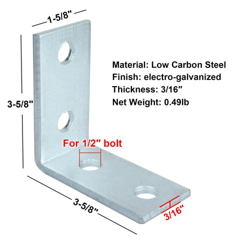 Six Piece L Shaped Connector Brackets For One And Five Eighth Inch Strut Channel Four Hole 90 Degree Angle Fittings Three Sixteenth Inch Thick Silver Fits Half Inch Bolt, front view showing dimensions and holes for 1/2 inch bolts.