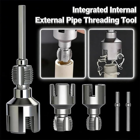 4 In 1 Water Pipe Wrench For Plumbing Repair With Internal And External Tapping And Threading Tool, steel components on black background