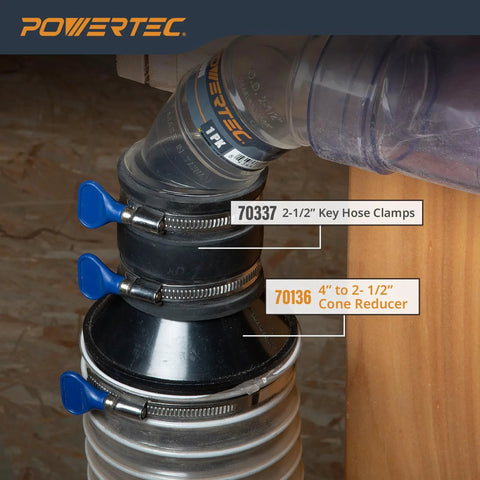 Installed four inch to two and one half inch cone reducer for dust collection fittings hose to hose connection with clamps