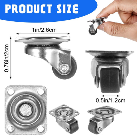 Product size details of Four Pack Half Inch Low Profile Caster Wheels With Rubber Rollers For Small Furniture Cabinets Drawers And Appliances