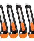 Four pack retractable utility knife with 18mm snap off blades and a secure lockable mechanism for cutting paper and cardboard.