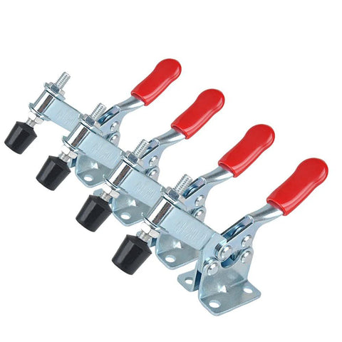 Four Pack 201B Toggle Clamp Set With 198 Lbs Holding Capacity, red handles, zinc-coated steel, horizontal, antislip quick release.