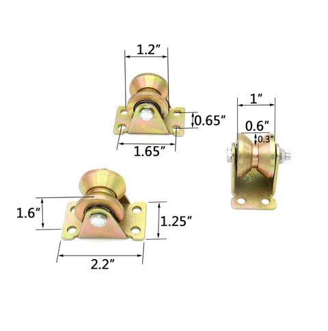 Four Pack Color Zinc Plated V Groove Track Wheel Set 1.2 Inch Diameter Wheel With 1.0 Inch Width And 0.6 Inch V Groove Notch Depth 0.3 Inch Ideal For Sliding Doors Mechanical Carts And Mobile Workbenches Heavy Duty 450 Lb Load Capacity dimensions shown