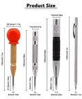 Dimensions of Four Pack 5 Inch and 6 Inch Automatic Center Punch Set, including metal engraving pen and tile cutter pen with carry case.