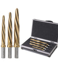 Four Piece Bridge And Construction Reamer Set With M2 HSS Taper Chucking Reamers For Steel Aluminum Wood And Plastic To Enlarge And Align Holes With Three Eighths Inch Or One Half Inch Shanks showing reamers and case