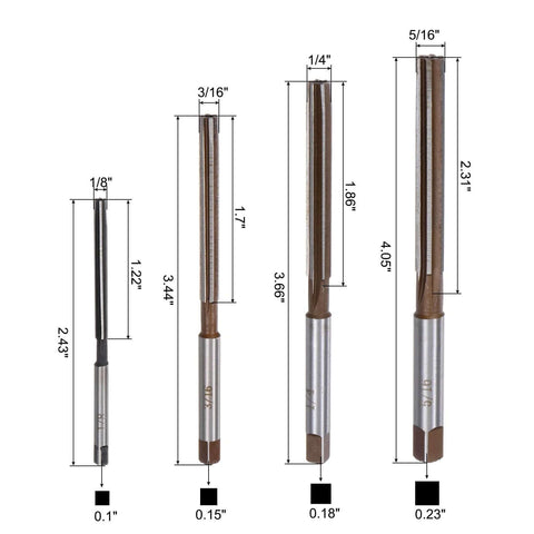 Four Piece Hand Reamer Set Includes Sizes One Eighth Inch Three Sixteenths Inch One Quarter Inch And Five Sixteenths Inch In H8 Tolerance