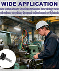 Worker adjusting machine with Four Point Knobs With Half Inch Thirteen UNC Threads And Two Point Zero Nine Inch Threaded Stud Star Clamping Knobs