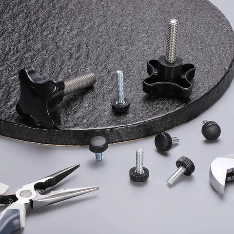 Four Point Knobs With Half Inch Thirteen UNC Threads And Two Point Zero Nine Inch Threaded Stud, tools and fasteners shown