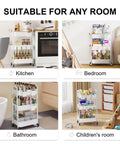 Four rolling cart setups for kitchen, bedroom, bathroom, and children's room showing Six Pack White Hanging Cup Holders For Rolling Carts With Six Cup Holders And Six Hooks Space Saving Utility Cart Accessories For Craft Carts Office And Kitchen Organization Grab And Go Cup Storage